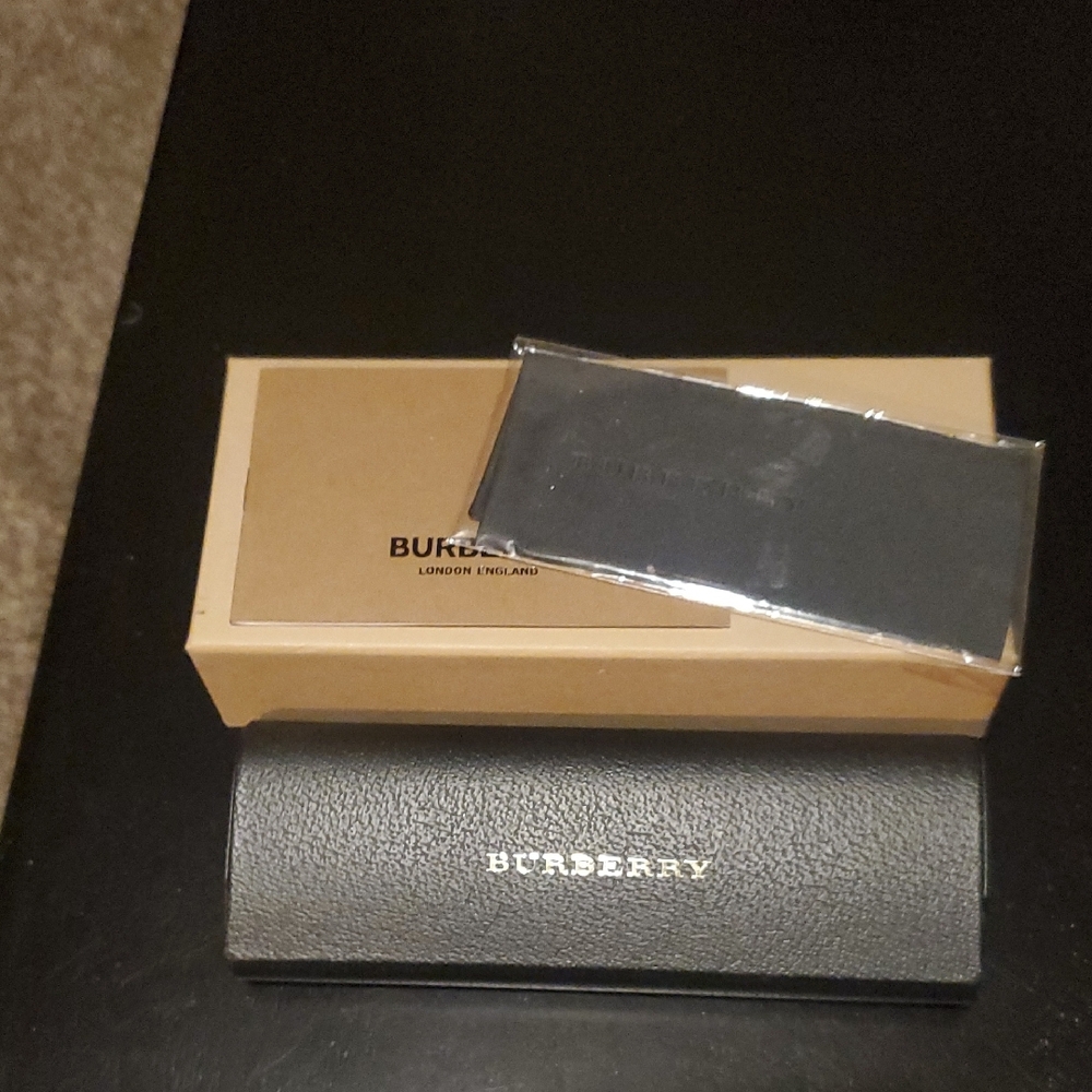 Burberry Tan Eyeglass Box with Gold Emblem And Black Case.